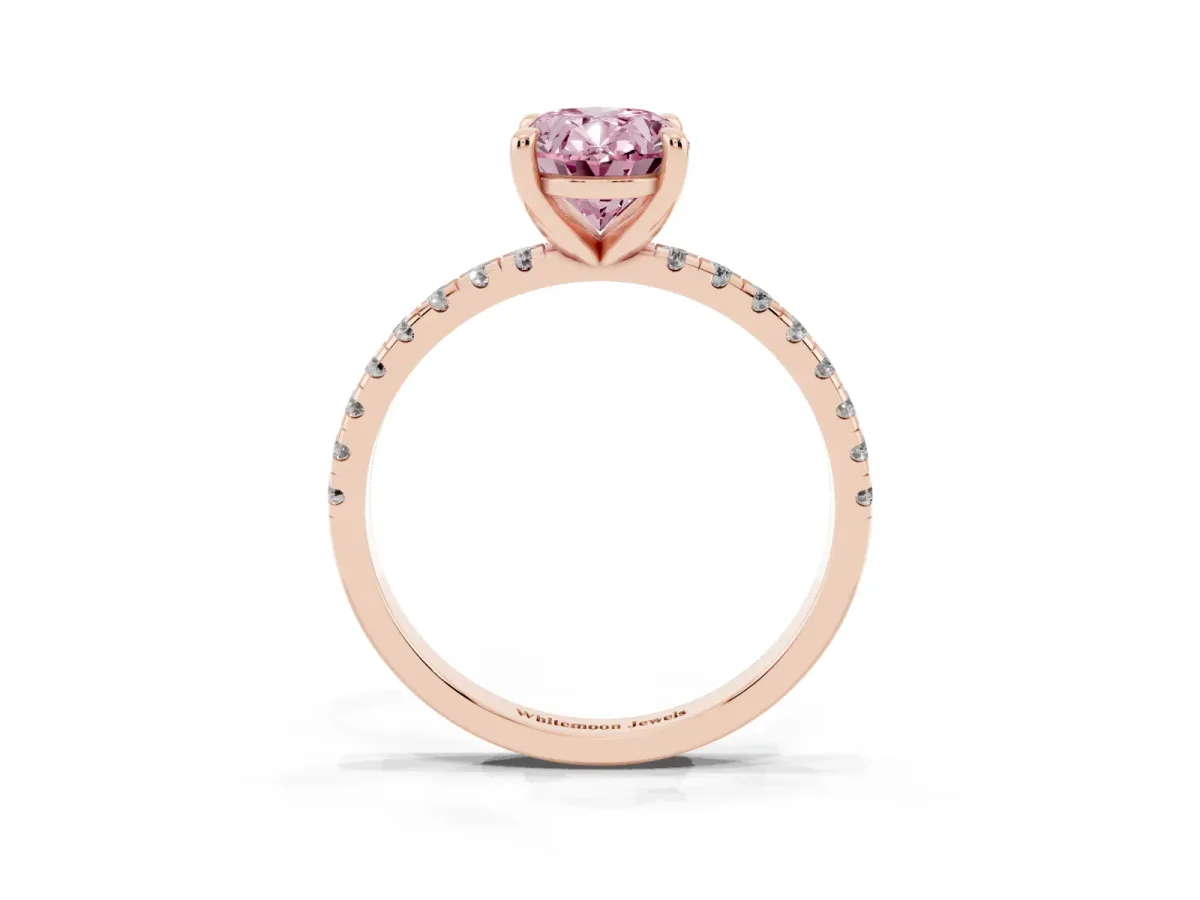 Fancy Pink Oval Cut Diamond Brilliant Solitaire Ring with Pavé Band and Four-Prong Setting Rose gold