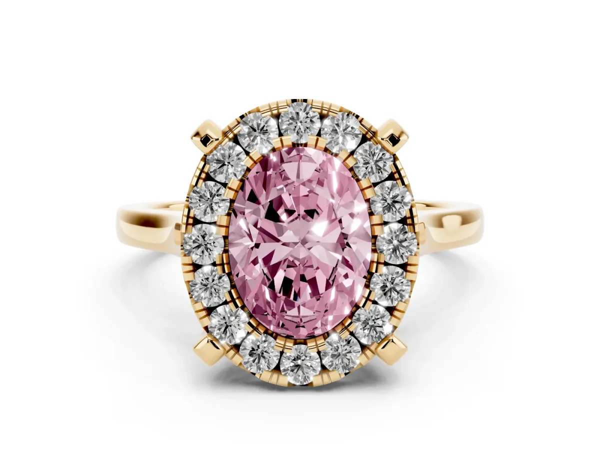 Fancy Pink Oval Cut Diamond Cluster Halo Solitaire with Four-Prong Setting Yellow gold