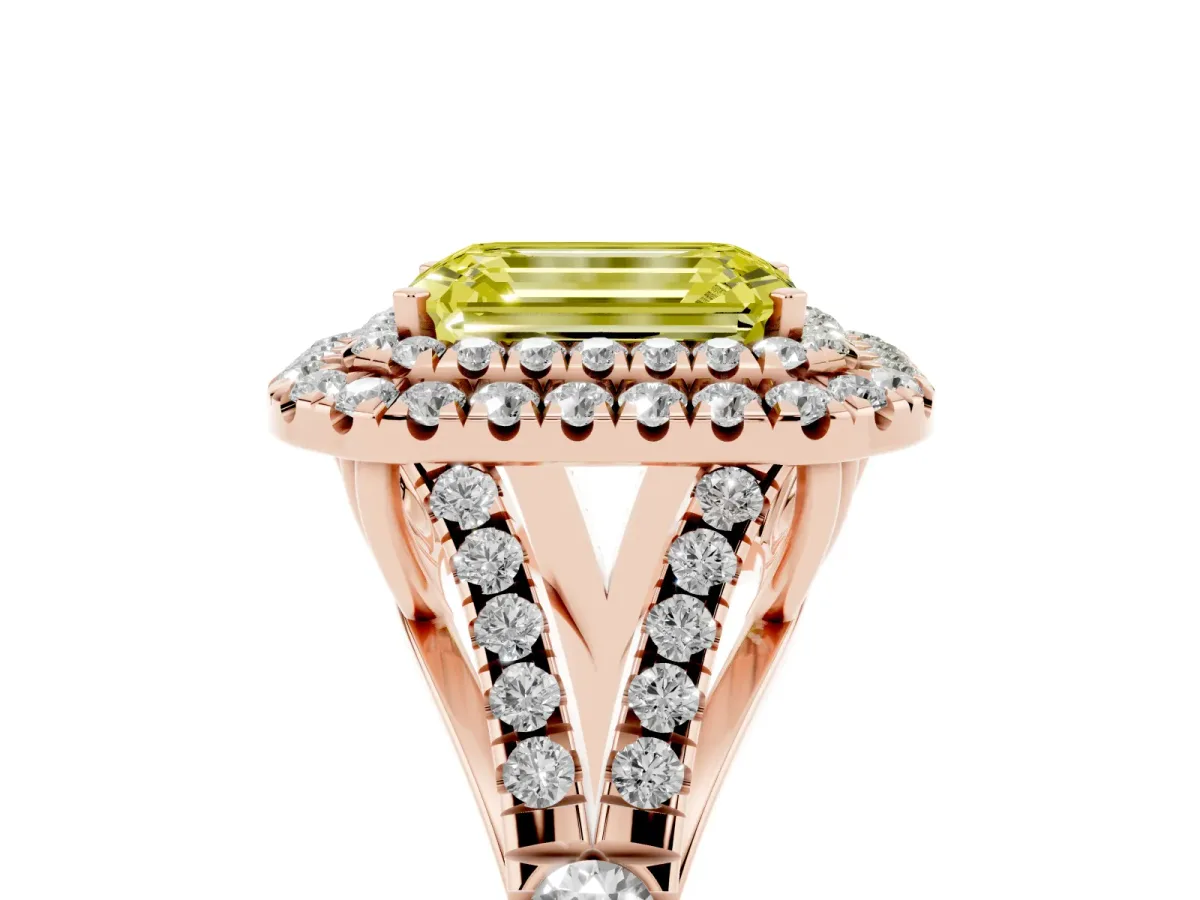 Fancy Yellow Emerald Cut Diamond Pavé Split Shank Double Halo Engagement Ring Rose gold