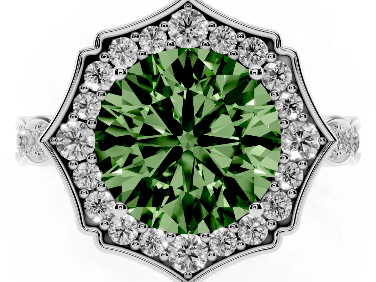 Fancy Green Round Cut Halo Diamond Engagement Ring with Milgrain Band and Four-Prong Setting White gold