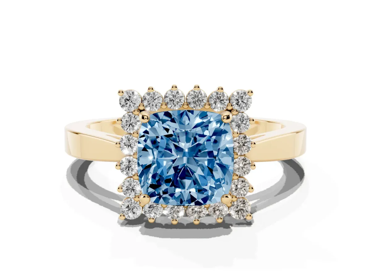Fancy Blue Cushion Cut Cut Diamond Halo Ring with Round Brilliant Halo and Solitaire Band Yellow gold
