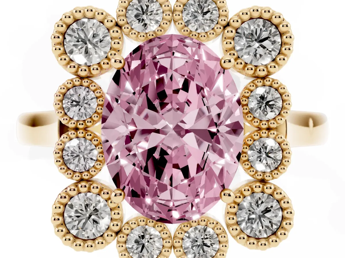 Fancy Pink Oval Cut Halo Diamond Cluster Engagement Ring with Milgrain Bezel Setting and Solitaire Band Yellow gold