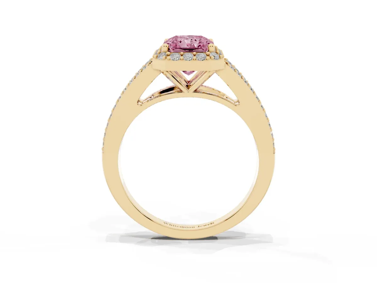 Fancy Pink Radiant Cut Halo Split Shank Pave Diamond Ring with Four-Prong Setting Yellow gold