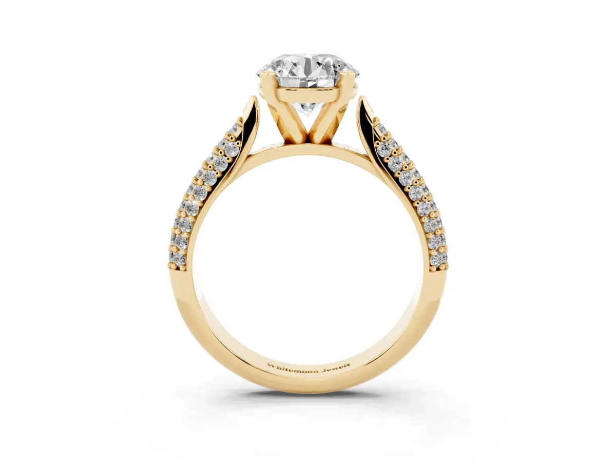 Round Cut Diamond Solitaire Engagement Ring with Multi-Row Round Pavé Band and Prong Setting Yellow gold