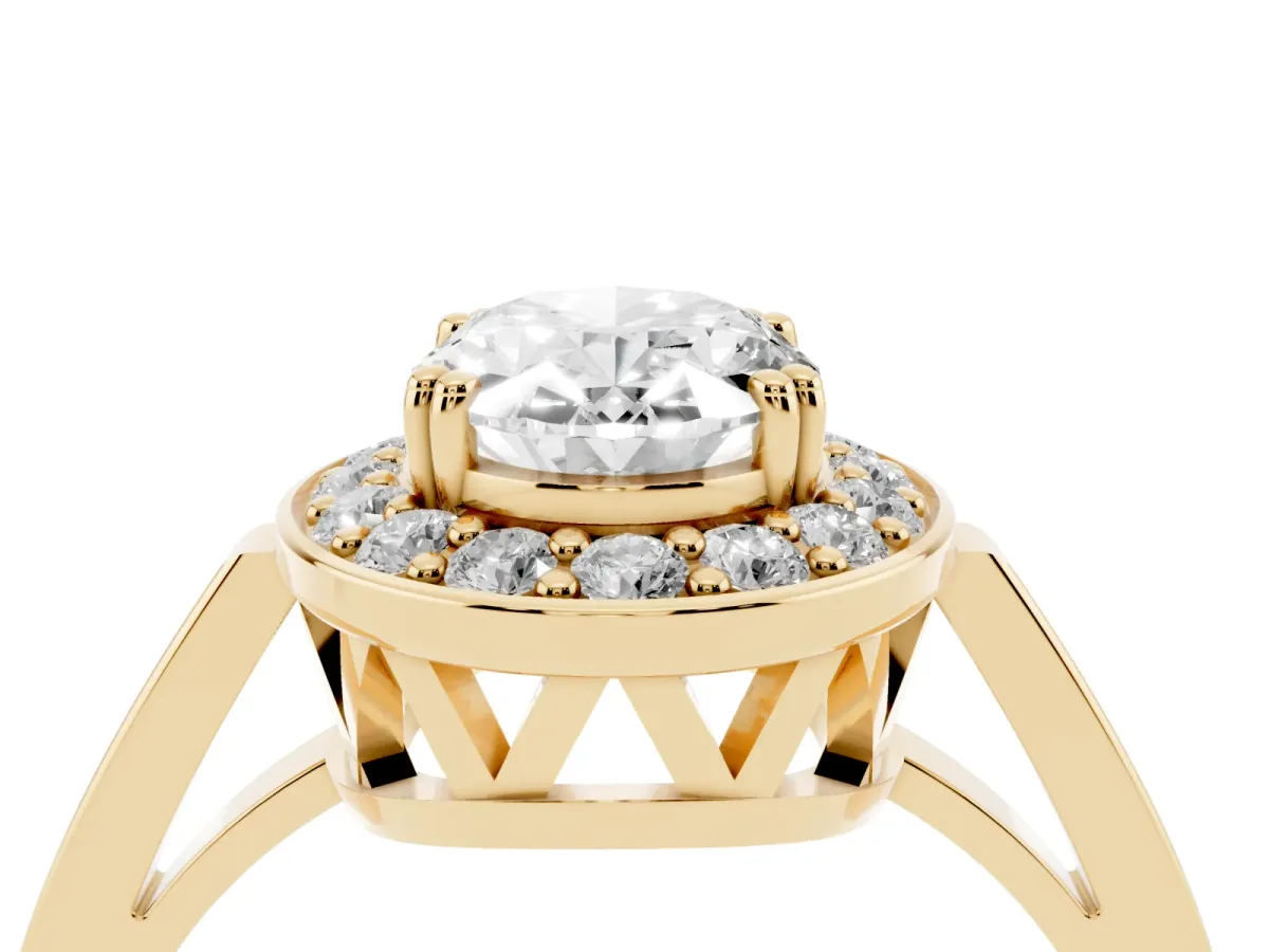 Oval Cut Diamond Halo Ring with Split Shank and Four-Prong Setting Yellow gold