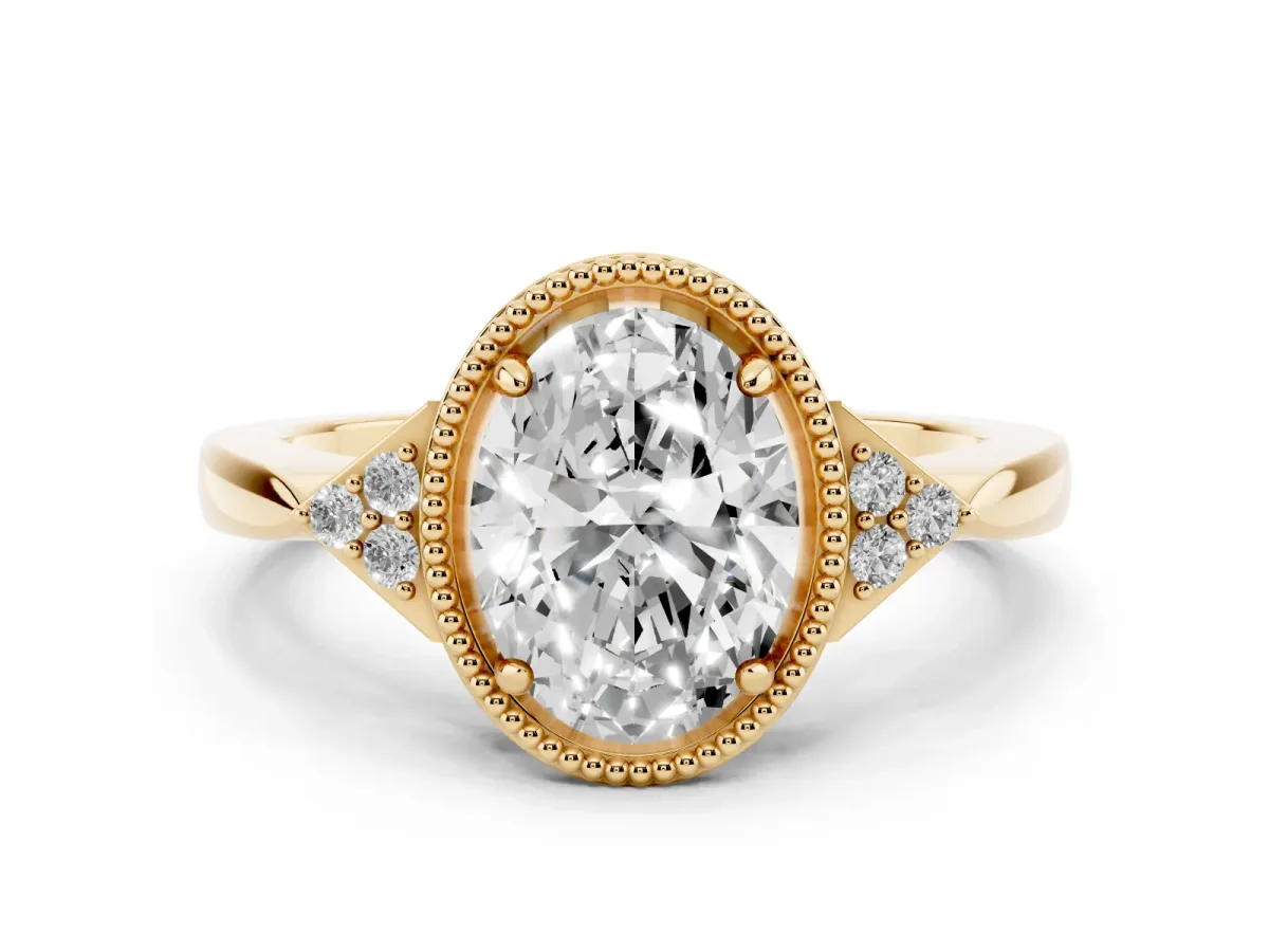 Oval Cut Diamond Halo Ring with Tapered Band and Four-Prong Setting Yellow gold