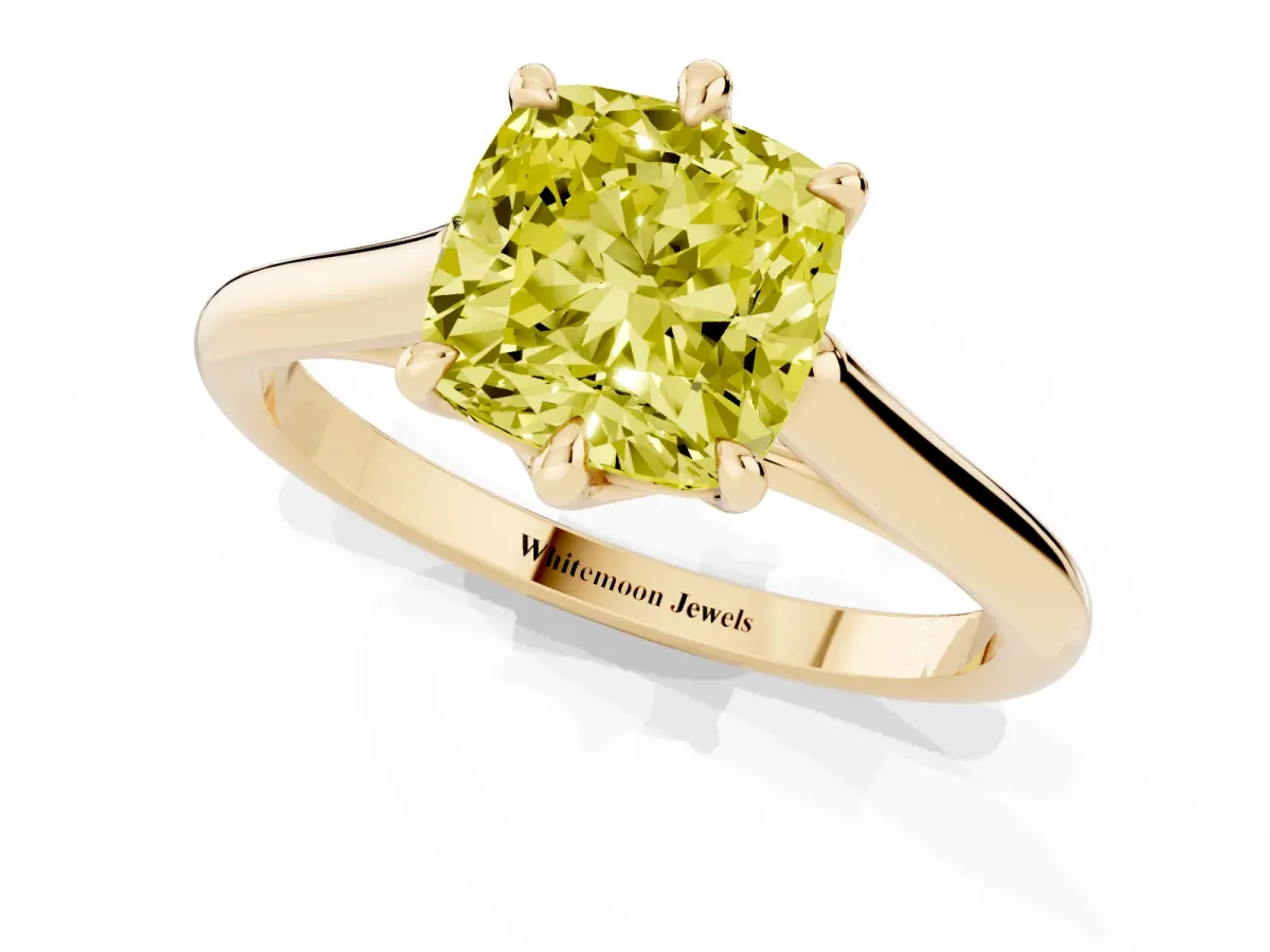 Fancy Yellow Cushion Cut Solitaire Engagement Ring with Six-Prong Setting and Classic Band Yellow gold
