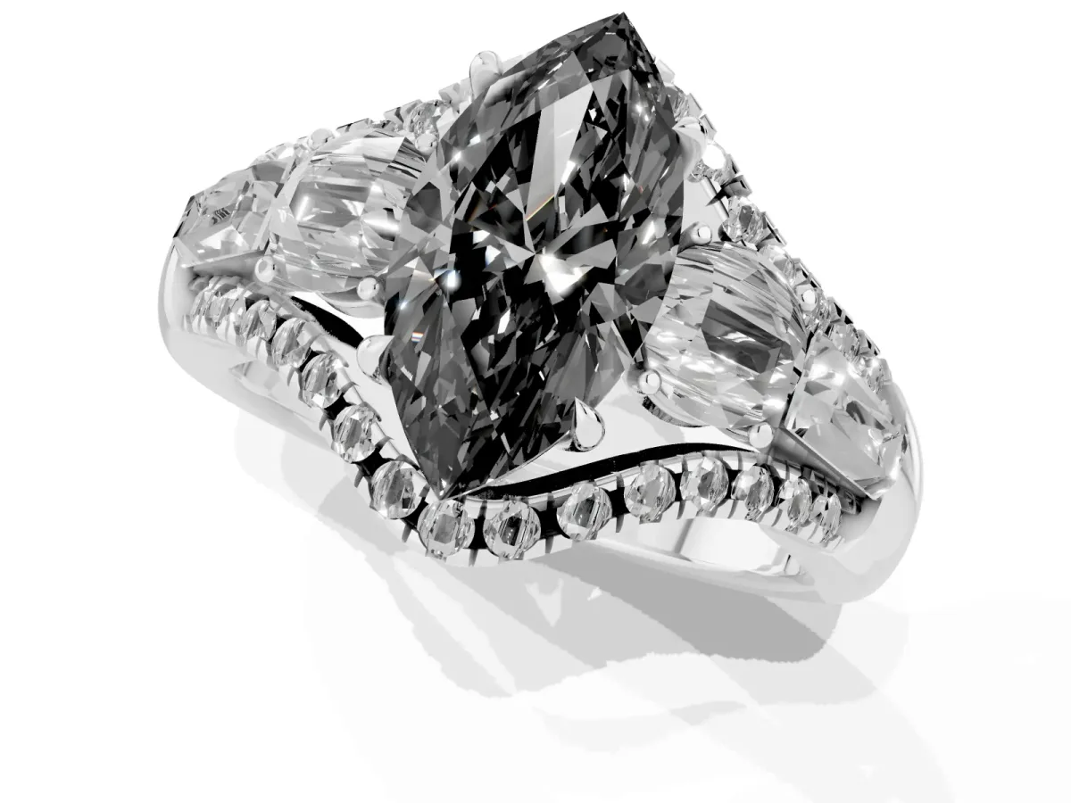 Fancy Black Three-Stone Marquise Cut Diamond Engagement Ring with Pave Band and Prong Setting Silver