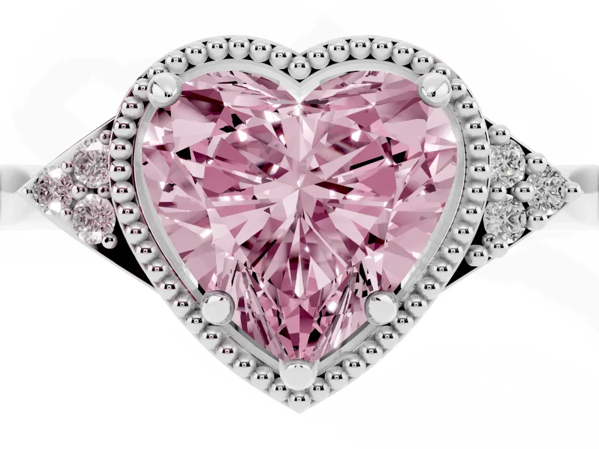 Fancy Pink Heart Cut Diamond Halo Ring with Tapered Band and Four-Prong Setting Platinum