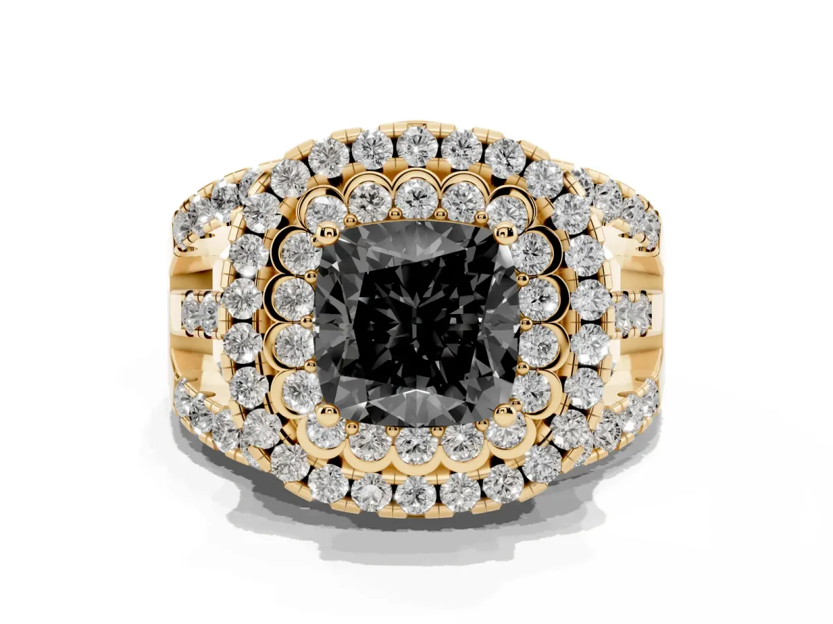 Fancy Black Cushion Cut Diamond Double Halo Ring with Round Pavé Split Shank and Prong Setting Yellow gold