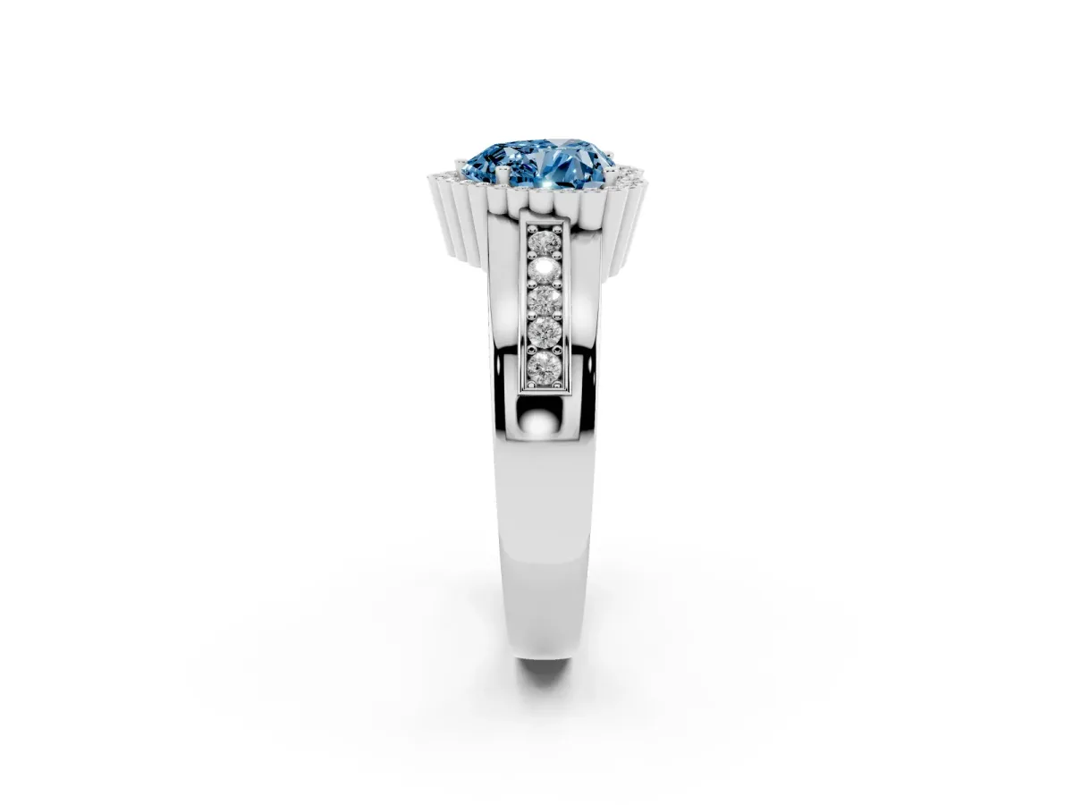 Fancy Blue Heart Cut Cut Halo Pave Band Four-Prong Ring Silver