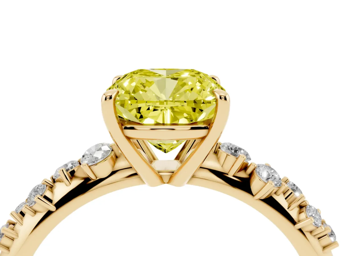 Fancy Yellow Cushion Cut Diamond Cluster Side Stone Solitaire Ring with Prong Setting Yellow gold