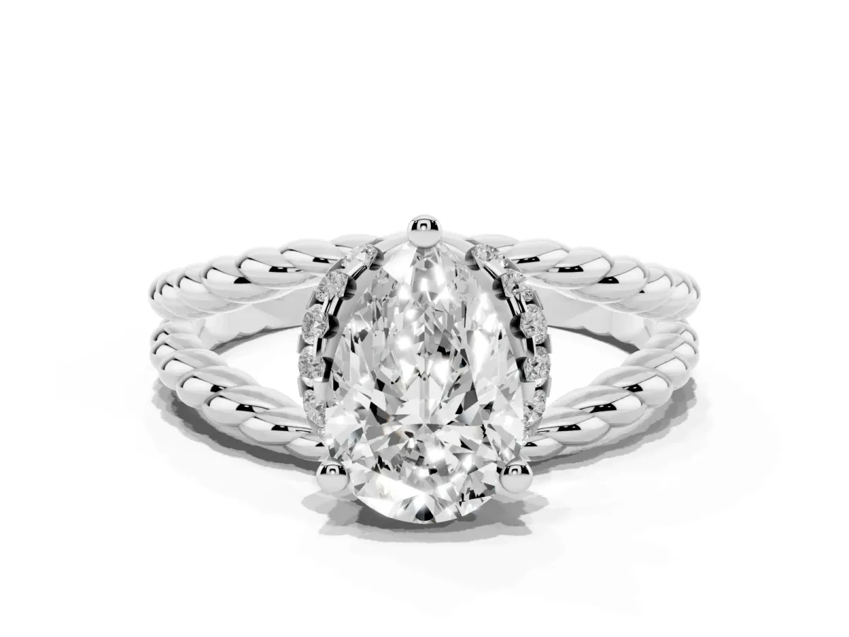 Pear Cut Halo Twisted Band Four-Prong Ring Platinum