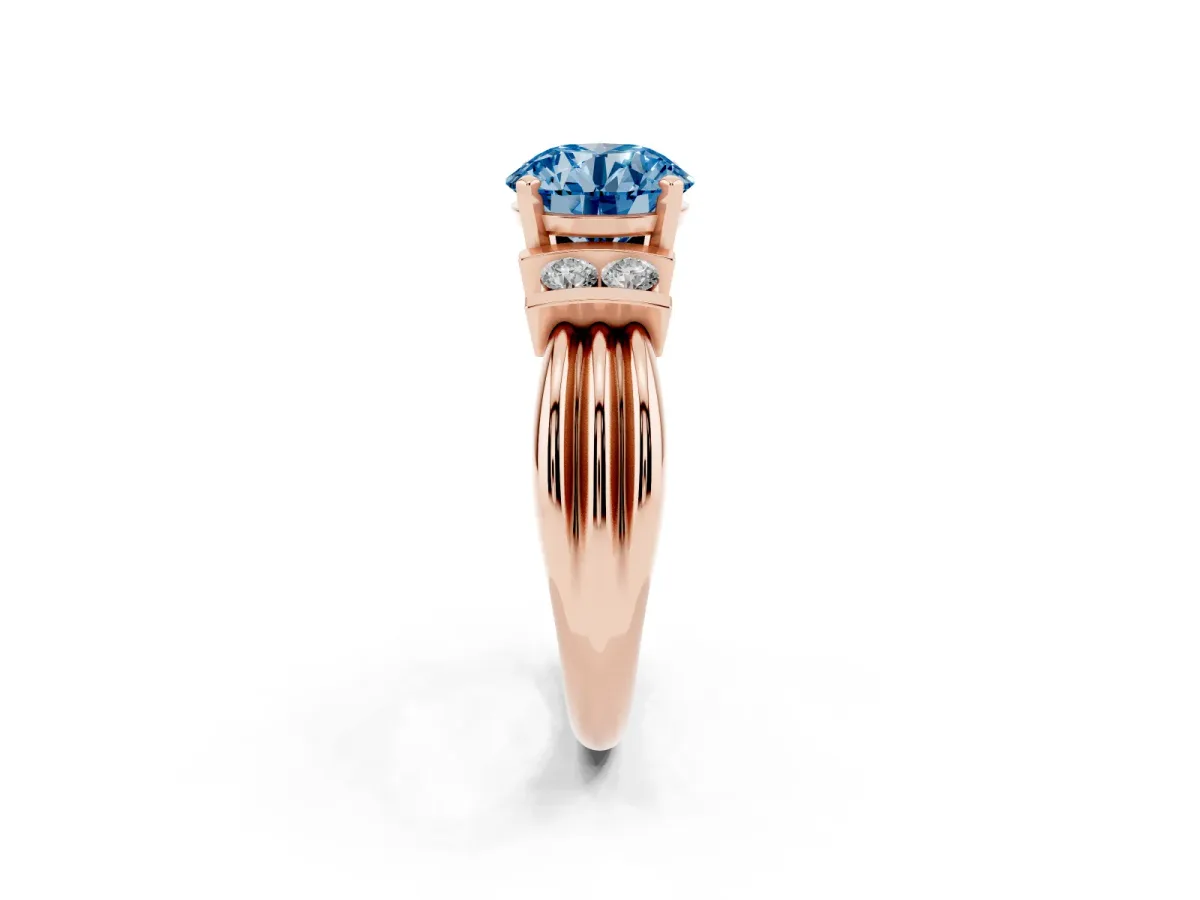 Fancy Blue Round Cut Cut Three-Stone Channel Set Ring with Bar Prongs Rose gold