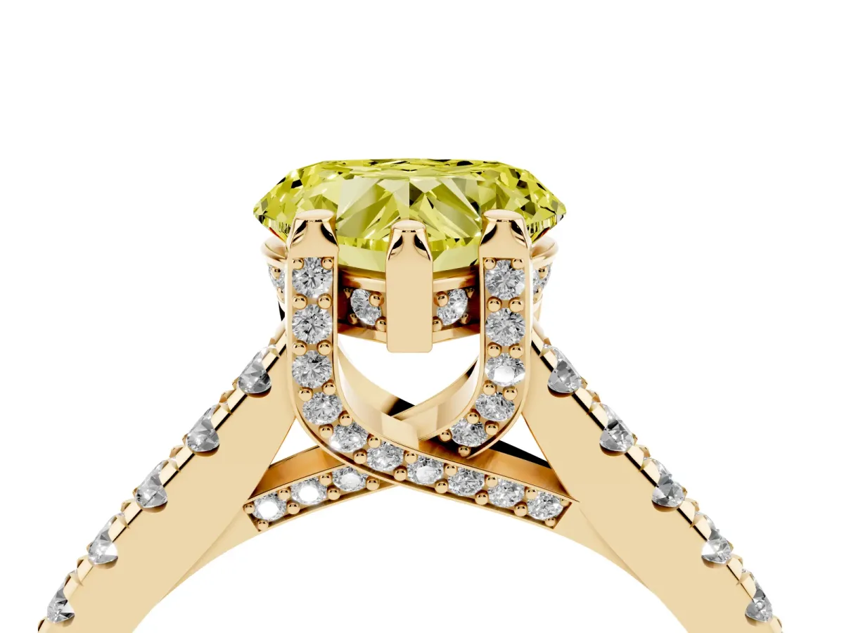 Fancy Yellow Heart Cut Brilliant Diamond Solitaire with Pavé Band and Four-Prong Setting Yellow gold