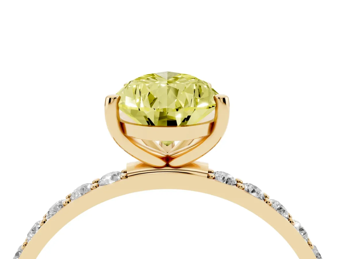 Fancy Yellow Pear Cut Diamond Solitaire Ring with Round Pavé Shoulders and Prong Setting Yellow gold