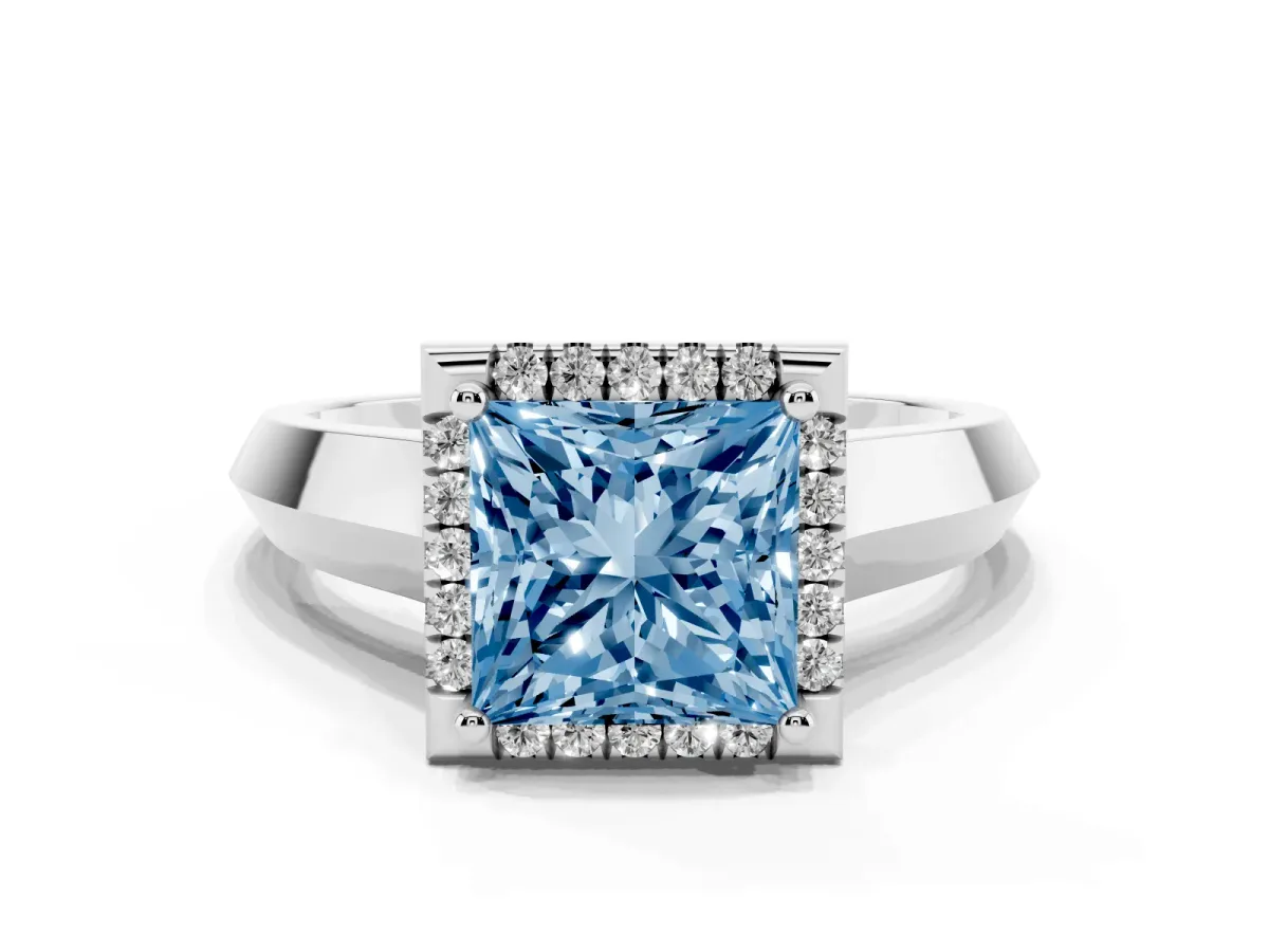 Fancy Blue Princess Cut Halo Diamond Ring with Cathedral Band and Four-Prong Setting Platinum
