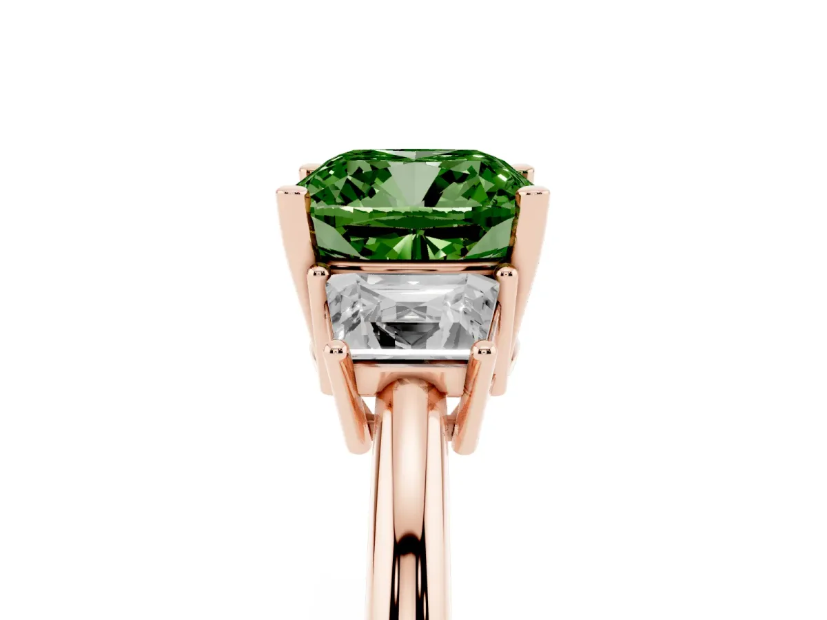 Fancy Green Cushion Cut Diamond Three-Stone Ring with Trapezoid Side Stones and Prong Setting Rose gold