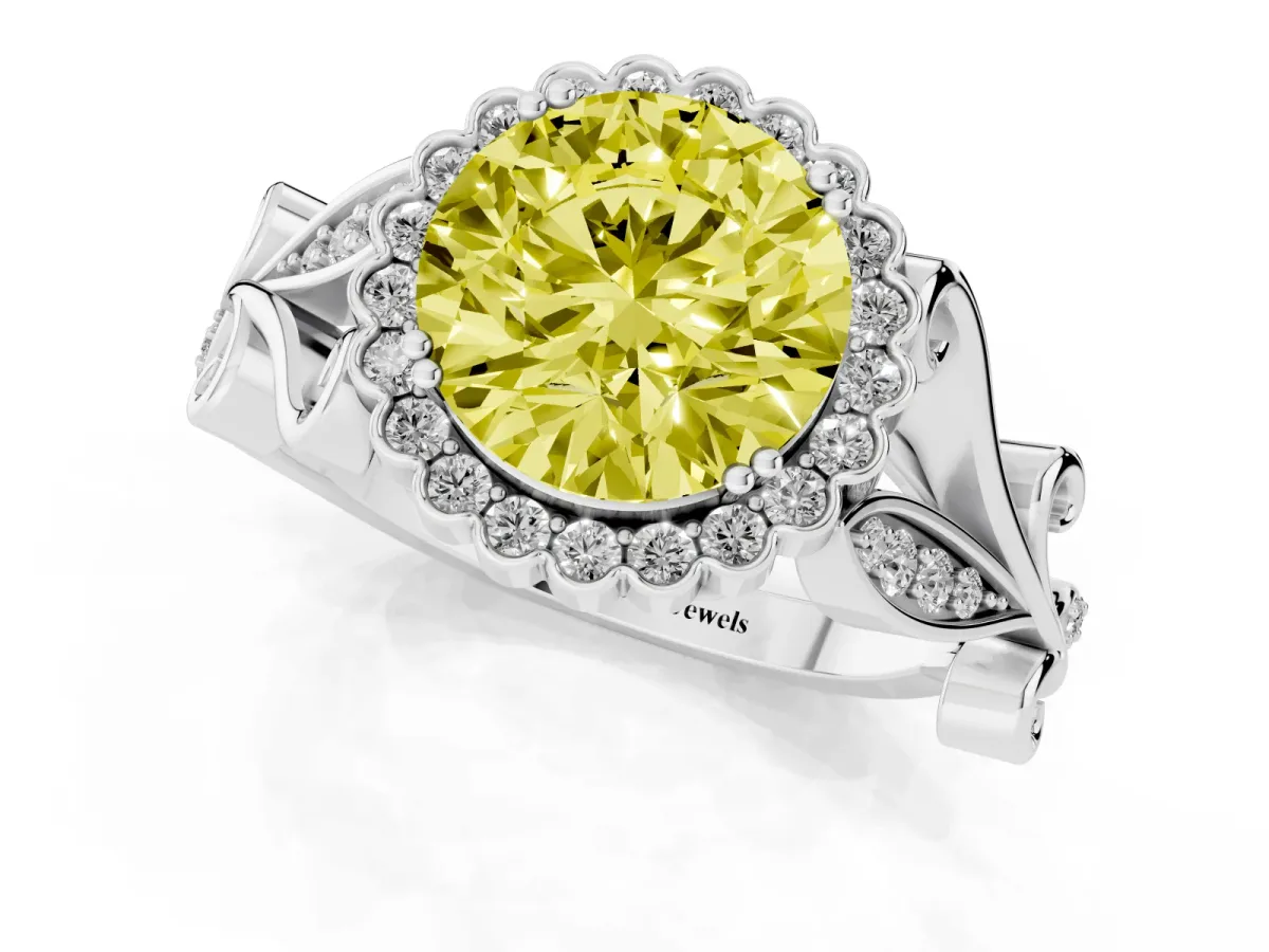 Fancy Yellow Round Cut Diamond Halo Ring with Vintage Split Shank and Four-Prong Setting Silver