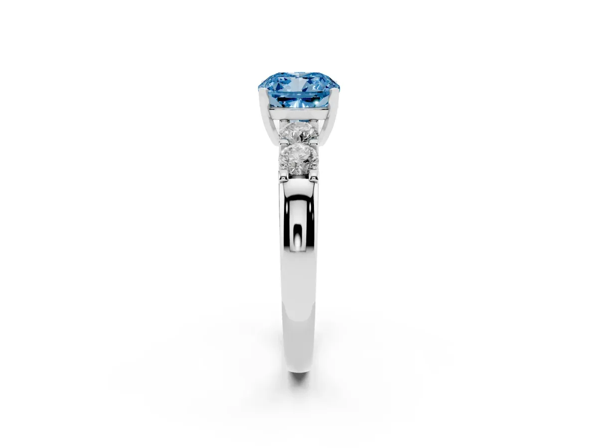 Fancy Blue Cushion Cut Brilliant Cut Diamond Five-Stone Prong Set Engagement Ring with Channel Band White gold