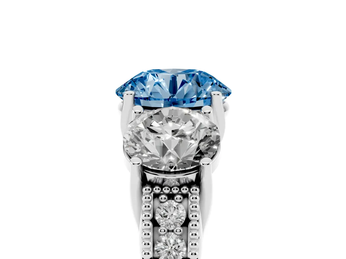 Fancy Blue Three-Stone Round Cut Cut Milgrain Pavé Engagement Ring Platinum
