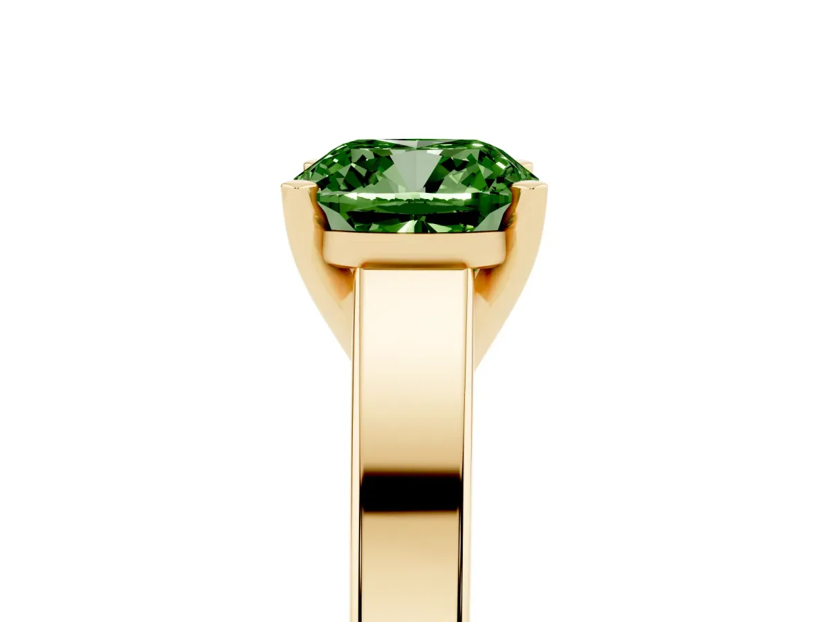 Fancy Green Cushion Cut Solitaire Engagement Ring with Four-Prong Setting and Tapered Band Yellow gold