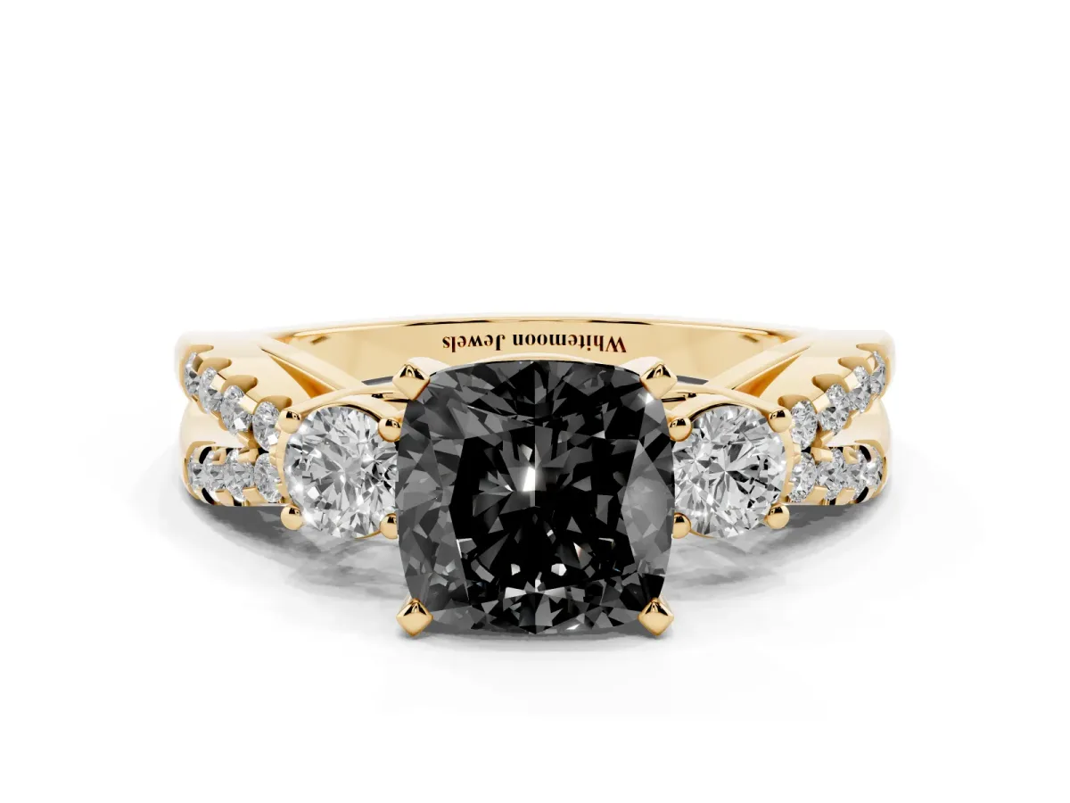 Fancy Black Cushion Cut Diamond Three-Stone Ring with Pavé Split Shank and Four-Prong Setting Yellow gold