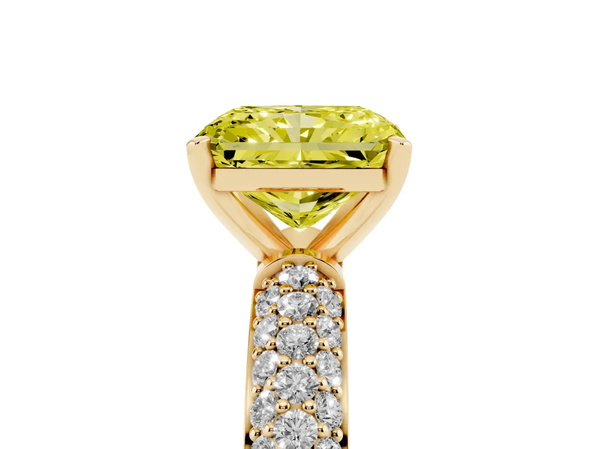 Fancy Yellow Radiant Cut Diamond Solitaire Ring with Prong Setting and Pavé Band Yellow gold