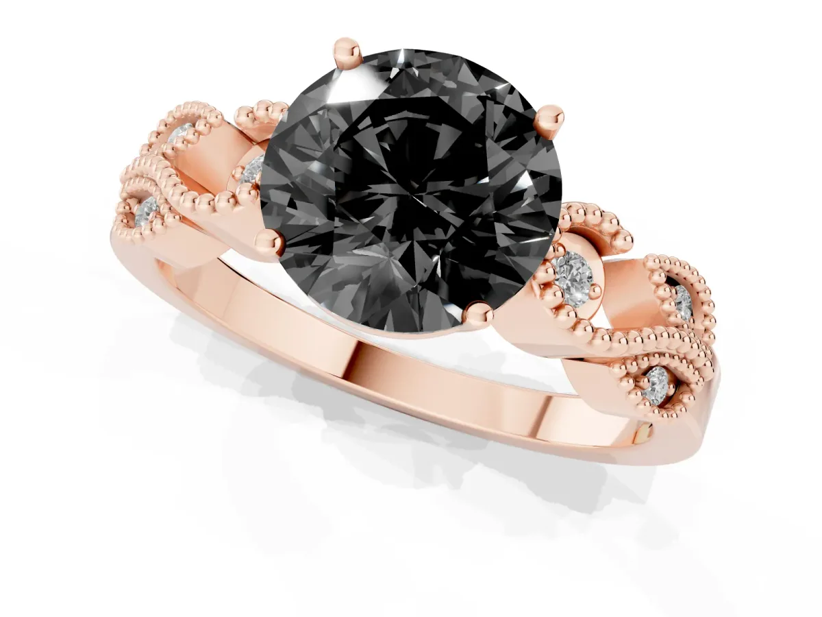 Fancy Black Round Cut Solitaire Milgrain Leaf Band with Prong Setting Rose gold