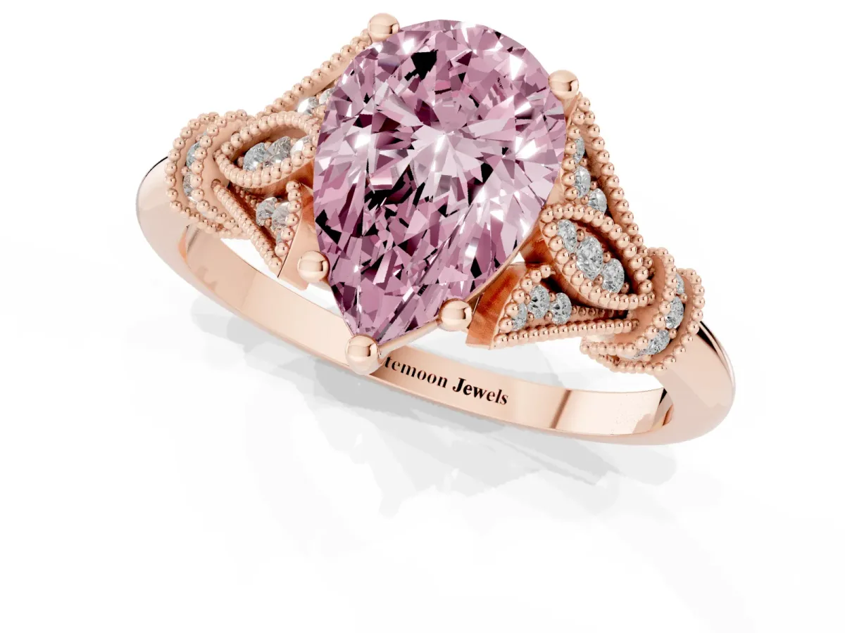 Fancy Pink Pear Cut Diamond Solitaire Ring with Floral Filigree and Pave Accents Rose gold