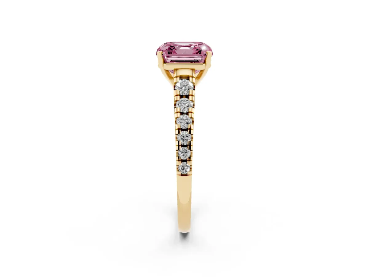 Fancy Pink Asscher Cut Diamond Cathedral Solitaire Ring with Round Pavé Band Yellow gold