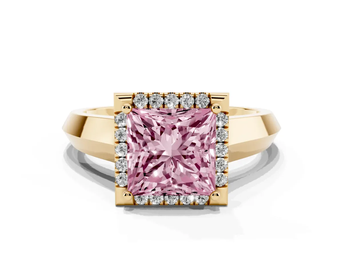 Fancy Pink Princess Cut Halo Diamond Ring with Cathedral Band and Four-Prong Setting Yellow gold