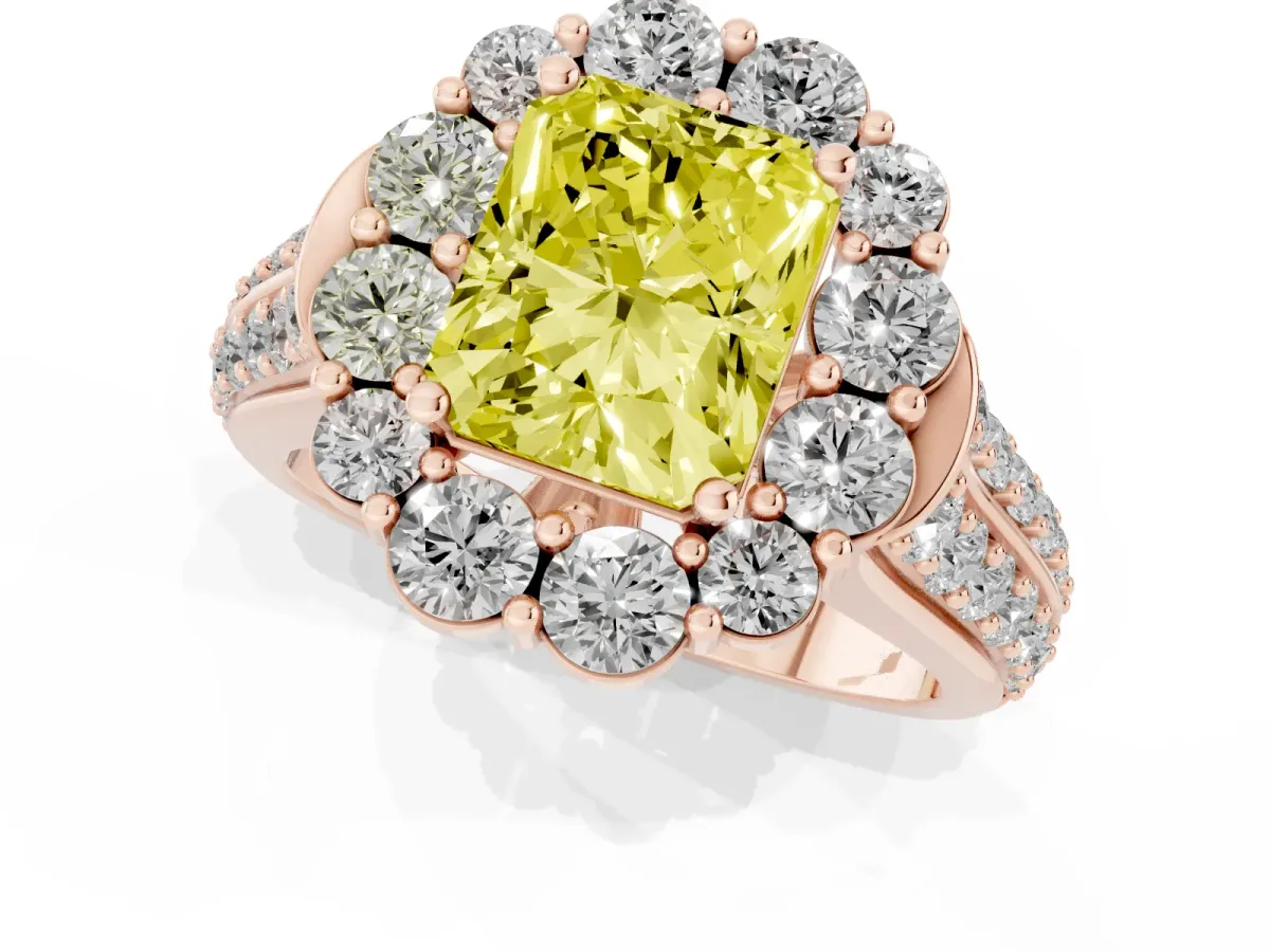 Fancy Yellow Radiant Cut Halo Diamond Engagement Ring with Split Shank and Prong Setting Rose gold