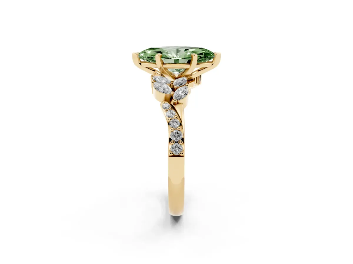 Fancy Green Marquise Cut Solitaire Marquise Twist Band with Six-Prong Setting Yellow gold