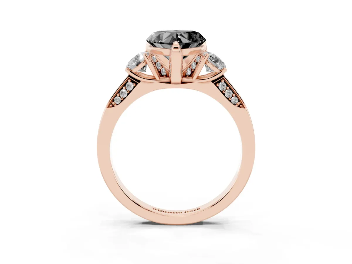Fancy Black Heart Cut Brilliant Three-Stone Diamond Ring with Pavé Band and Four-Prong Setting Rose gold