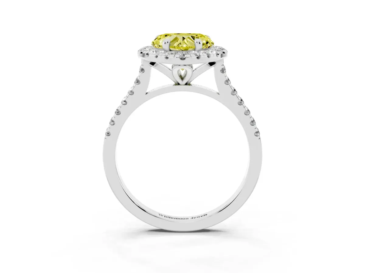 Fancy Yellow Heart Cut Diamond Cushion Halo Ring with Pavé Band Platinum