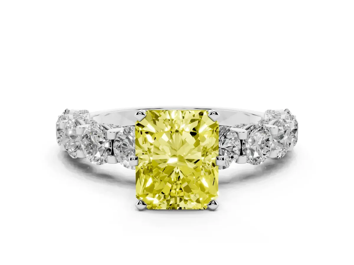 Fancy Yellow Radiant Cut Diamond Side Stone Engagement Ring with Four-Prong Setting Silver