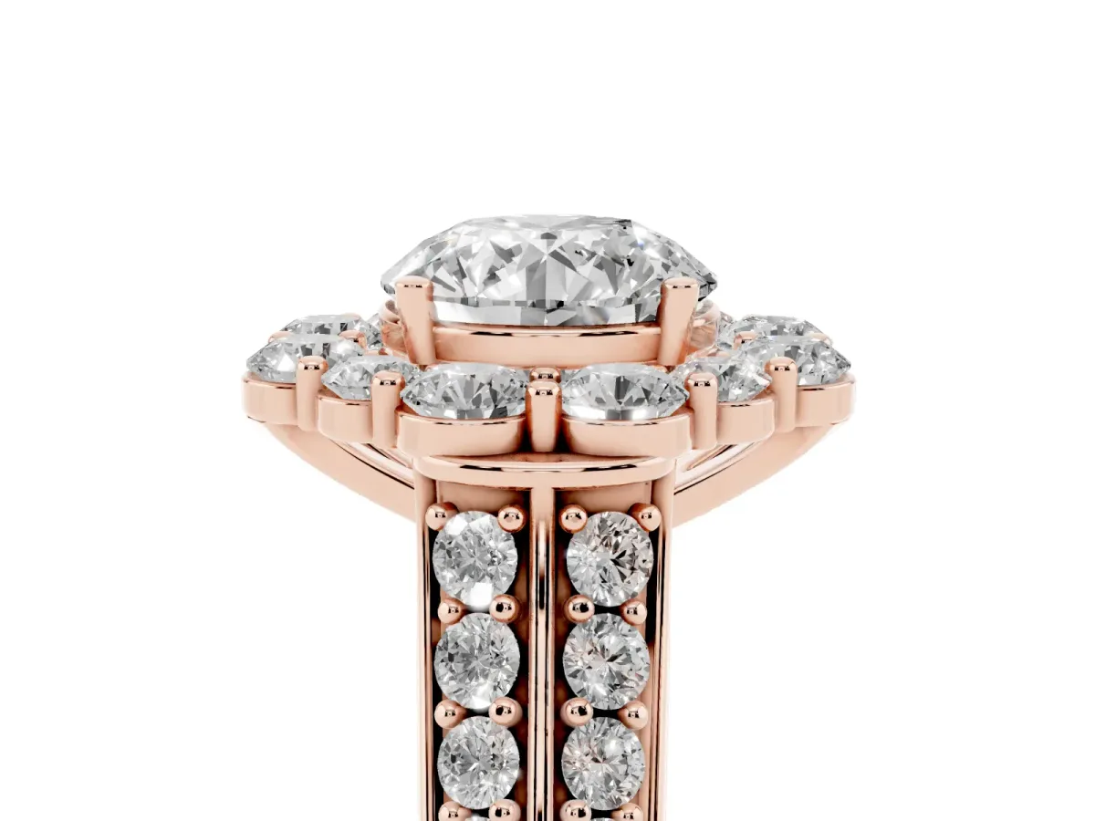 Round Cut Halo Diamond Engagement Ring with Split Shank and Prong Setting Rose gold