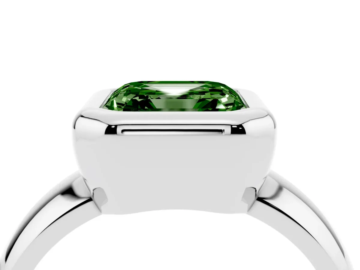 Fancy Green Bezel Set Asscher Cut Solitaire Ring with Wide Band Silver