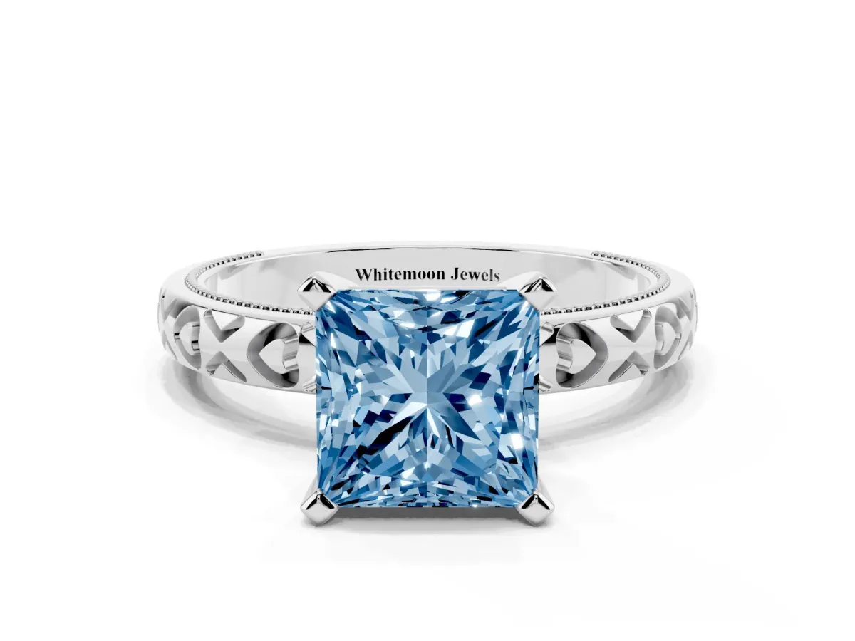 Fancy Blue Princess Cut Solitaire Diamond Engagement Ring with XO Engraved Band and Four-Prong Setting Silver