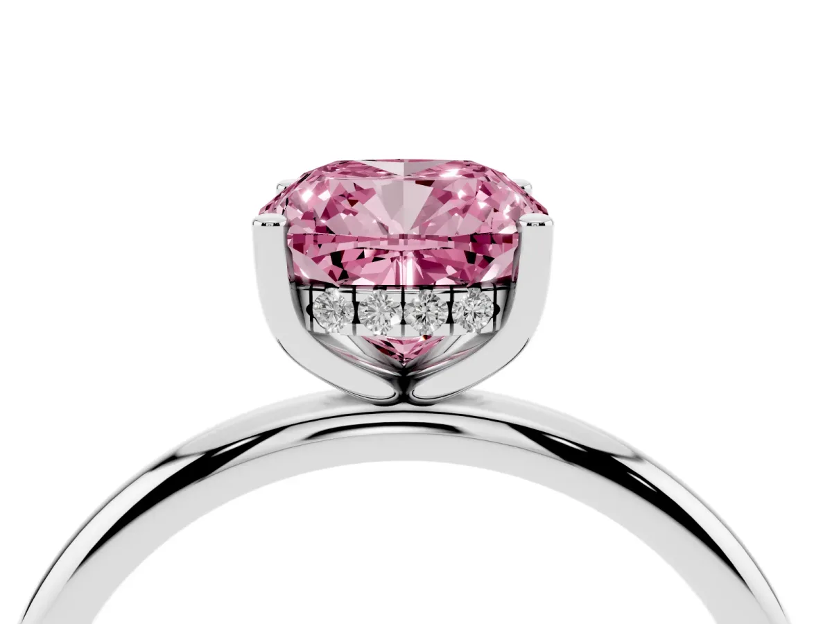 Fancy Pink Cushion Cut Cut Solitaire Engagement Ring with Four-Prong Setting and Classic Band Silver