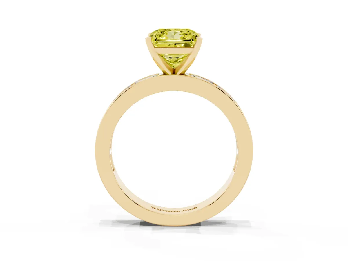 Fancy Yellow Princess Cut Solitaire Diamond Ring with Channel-Set Baguette Band and Four-Prong Setting Yellow gold