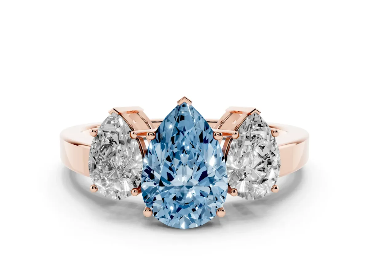 Fancy Blue Three-Stone Pear Cut Cut Diamond Engagement Ring with Flat Band and Four-Prong Setting Rose gold