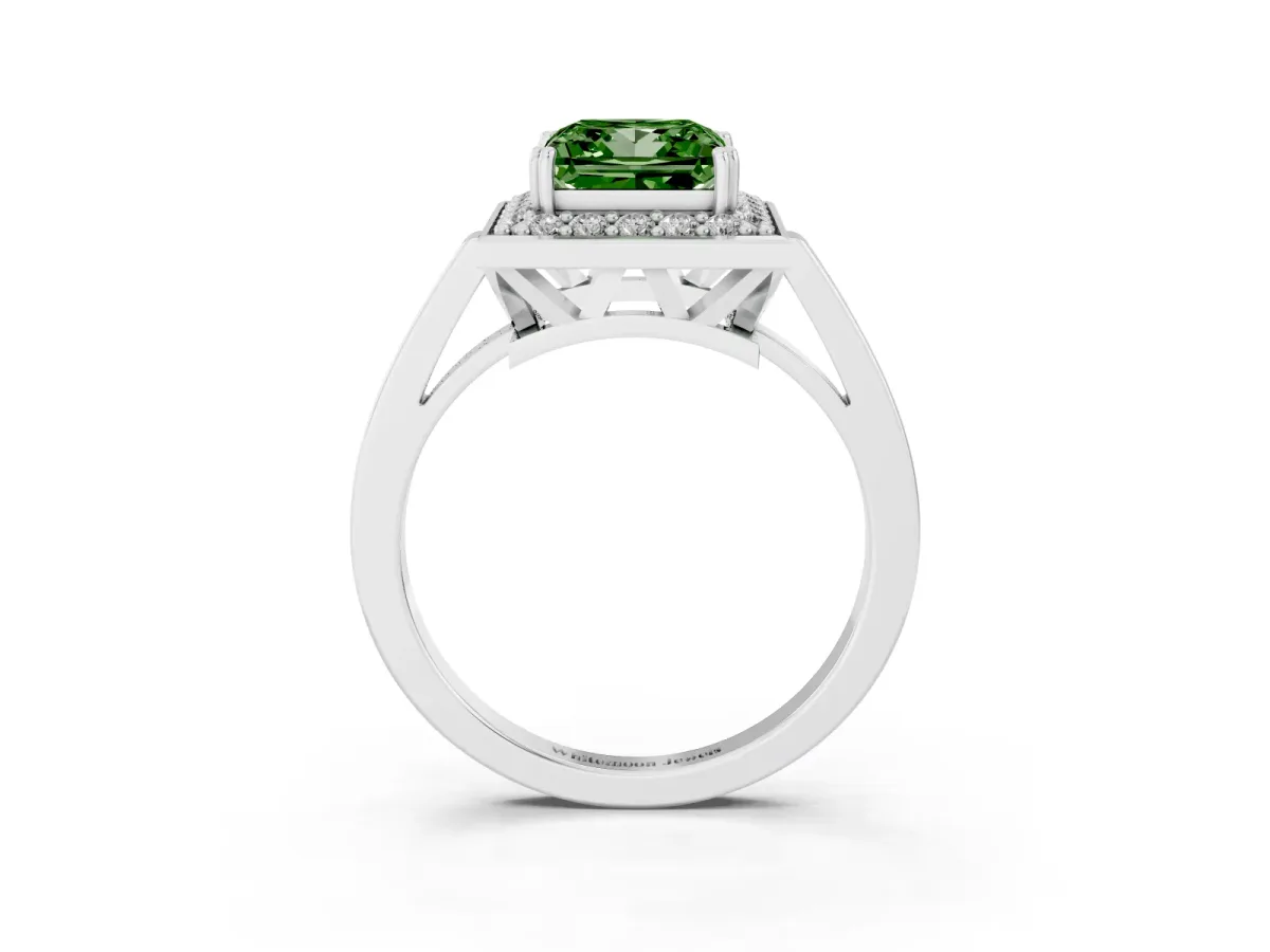 Fancy Green Princess Cut Diamond Halo Ring with Split Shank and Four-Prong Setting Silver