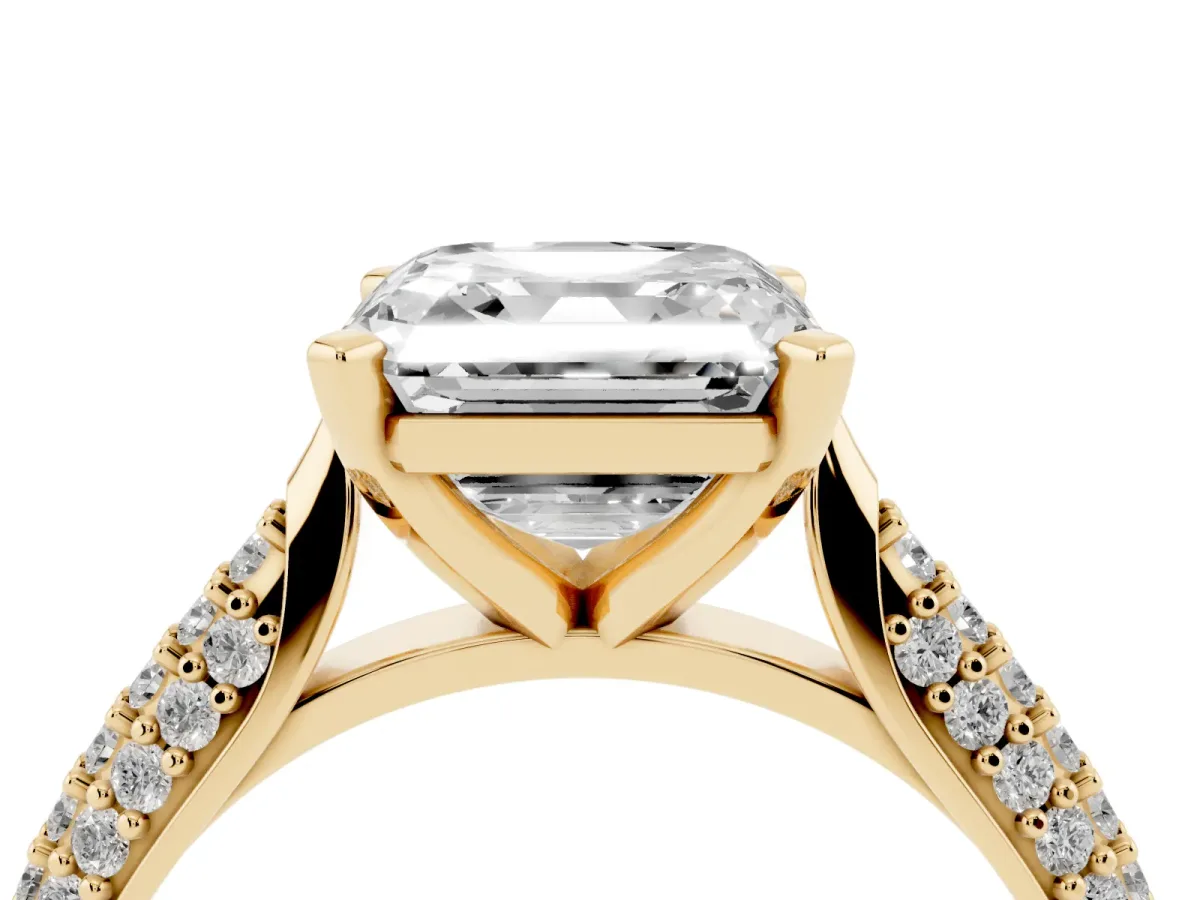Asscher Cut Diamond Solitaire Engagement Ring with Multi-Row Round Pavé Band and Prong Setting Yellow gold