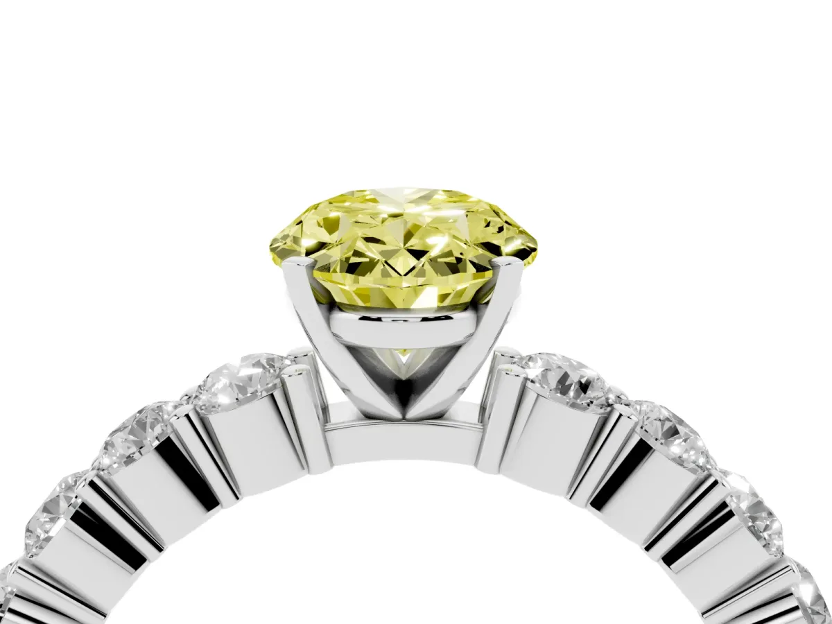 Fancy Yellow Oval Cut Diamond Solitaire Ring with Shared Prong Round Side Stones Silver