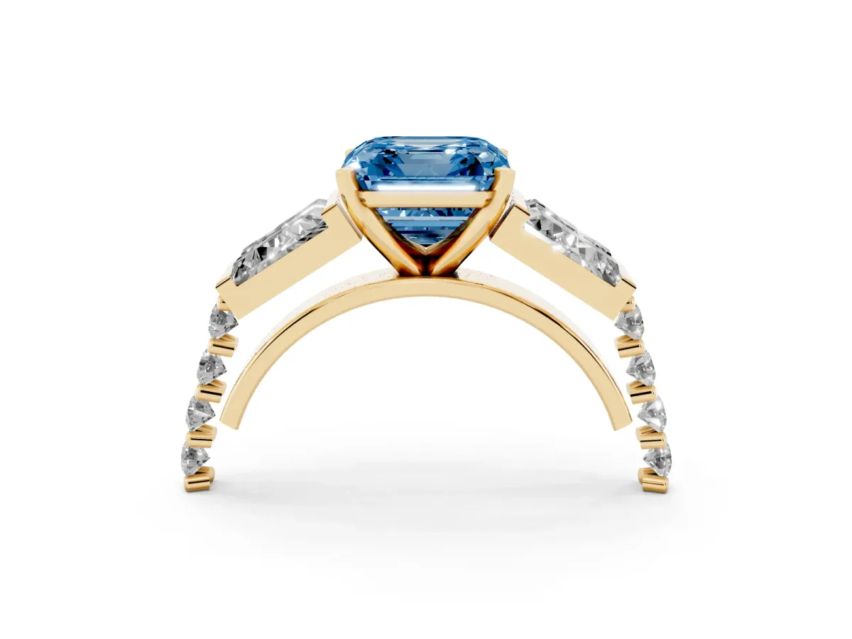 Fancy Blue Asscher Cut Diamond Engagement Ring with Baguette Side Stones and Channel Set Band Yellow gold
