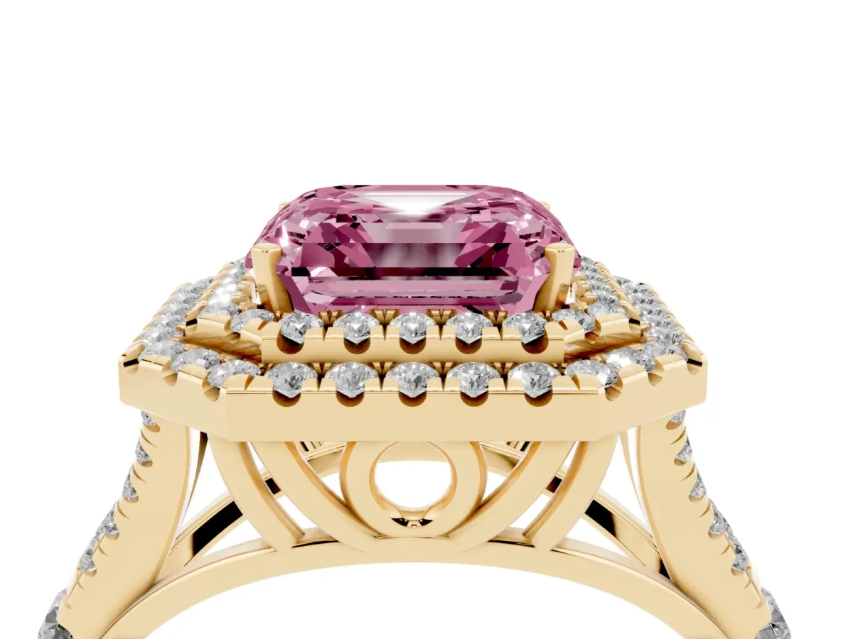 Fancy Pink Asscher Cut Diamond Pavé Split Shank Double Halo Engagement Ring Yellow gold