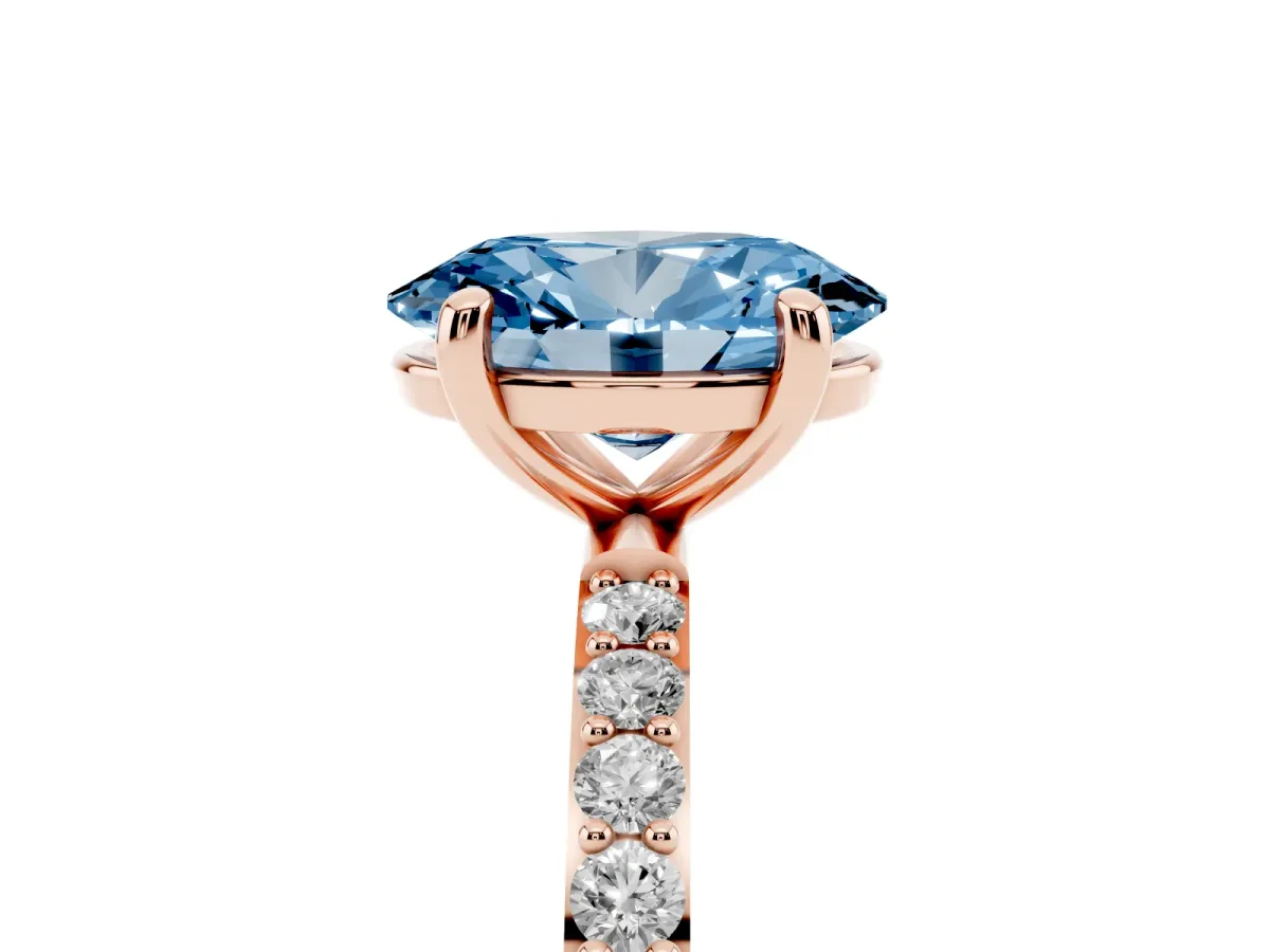 Fancy Blue Oval Cut Diamond Solitaire Ring with Round Pavé Band and Prong Setting Rose gold