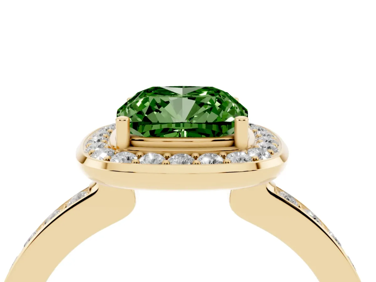 Fancy Green Cushion Cut Diamond Halo Ring with Bezel Frame and Pavé Band Yellow gold
